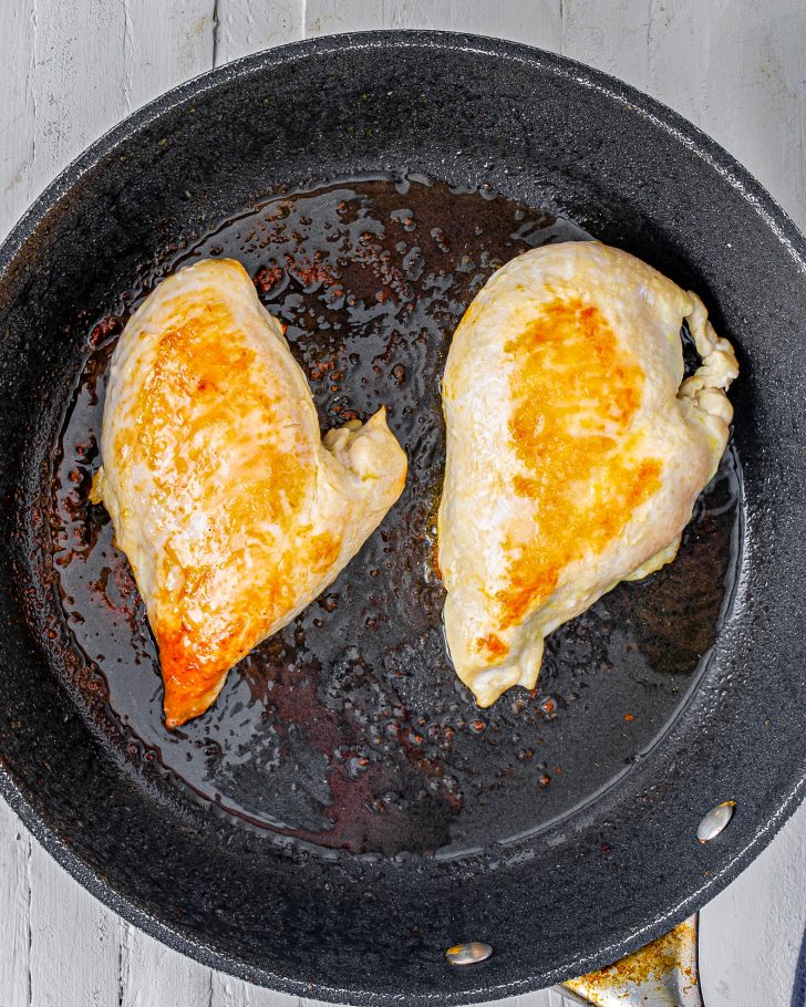 Cook the chicken in the butter in a skillet over medium-high heat for 5-6 minutes.
