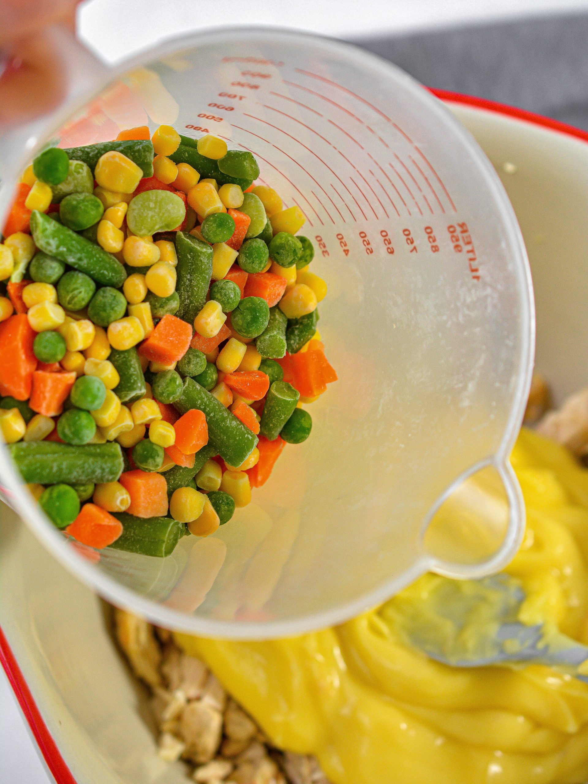 add 2 cups of frozen mixed vegetables.
