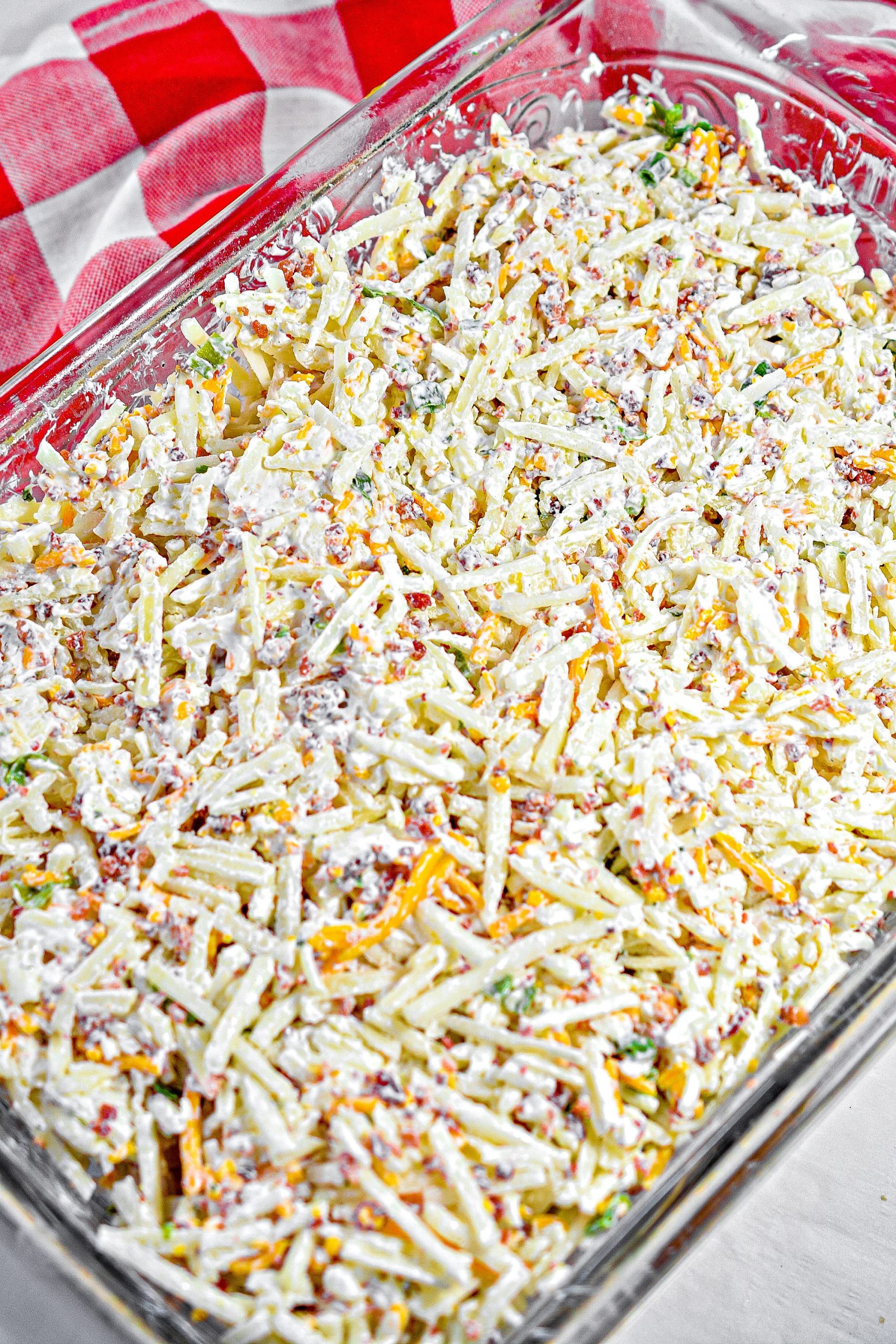 Layer the ingredients into the bottom of a well-greased 9x13 baking dish.