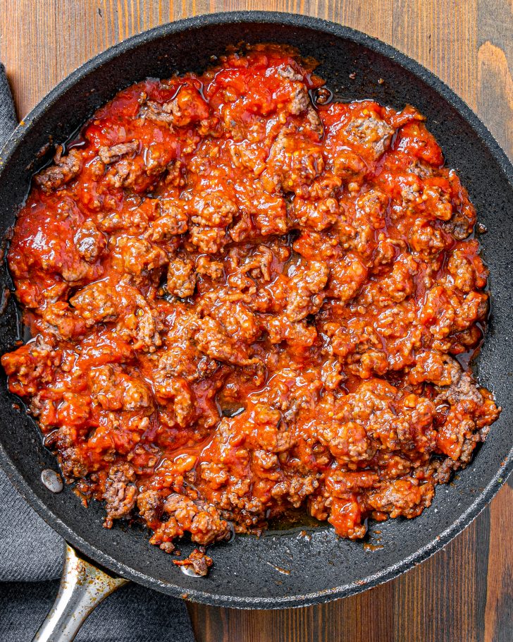 Mix together the sauce and the ground beef.