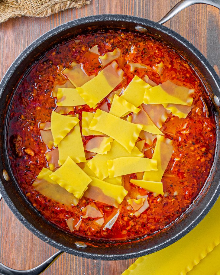 Break the lasagna noodles into pieces, and place them in the pot. 