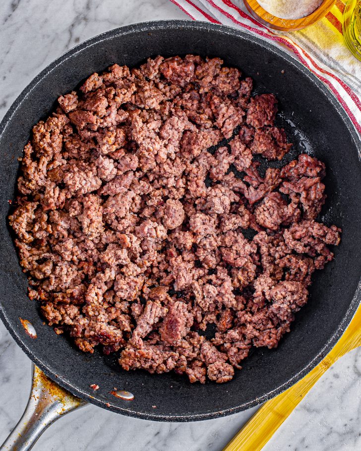Saute the ground beef in a saucepan or skillet over medium-high heat 