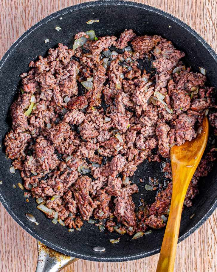 Add the ground beef and onion to a skillet over medium-high heaT