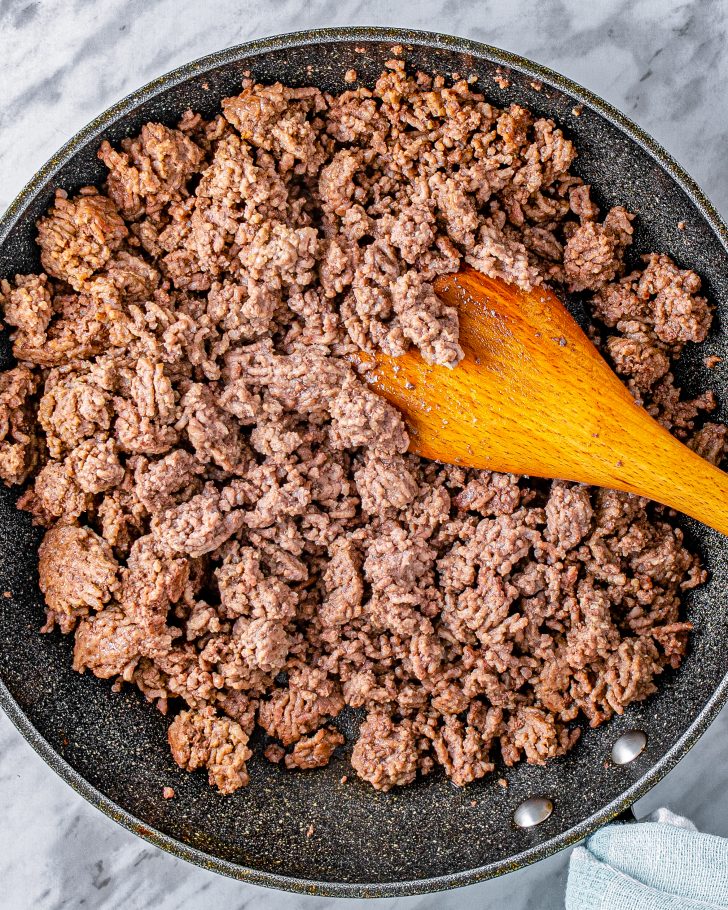 Add the ground beef to a large skillet over medium-high heat on the stove