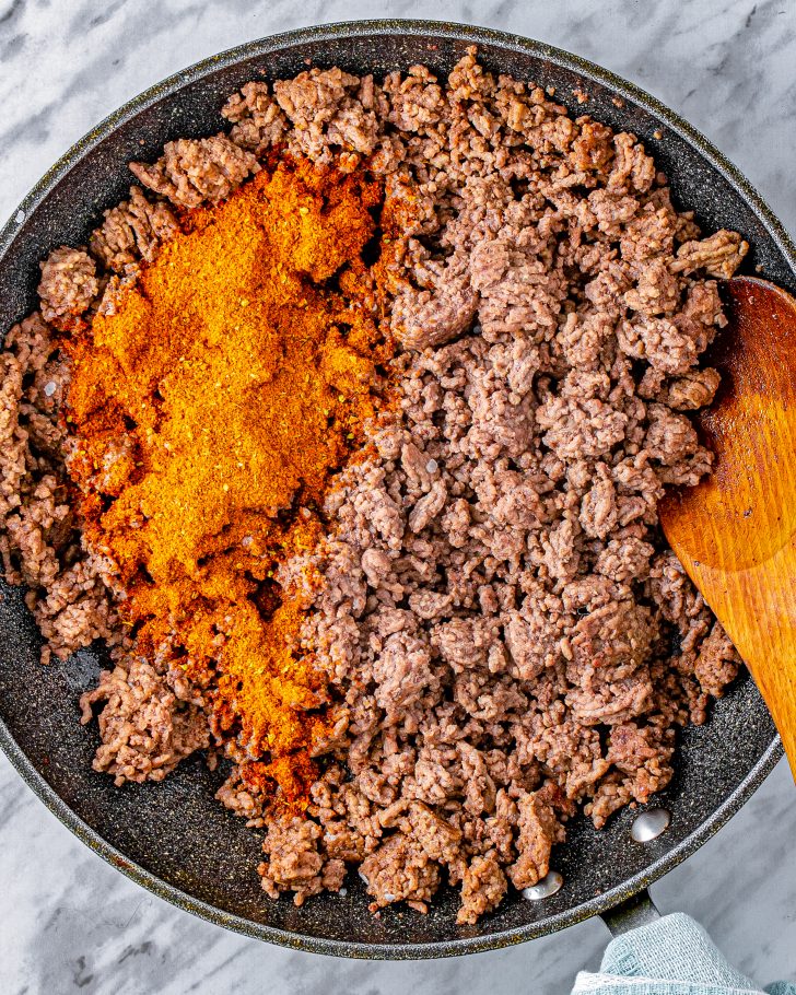 Reduce the heat to low and stir in the taco seasoning. Saute for 2-3 minutes.