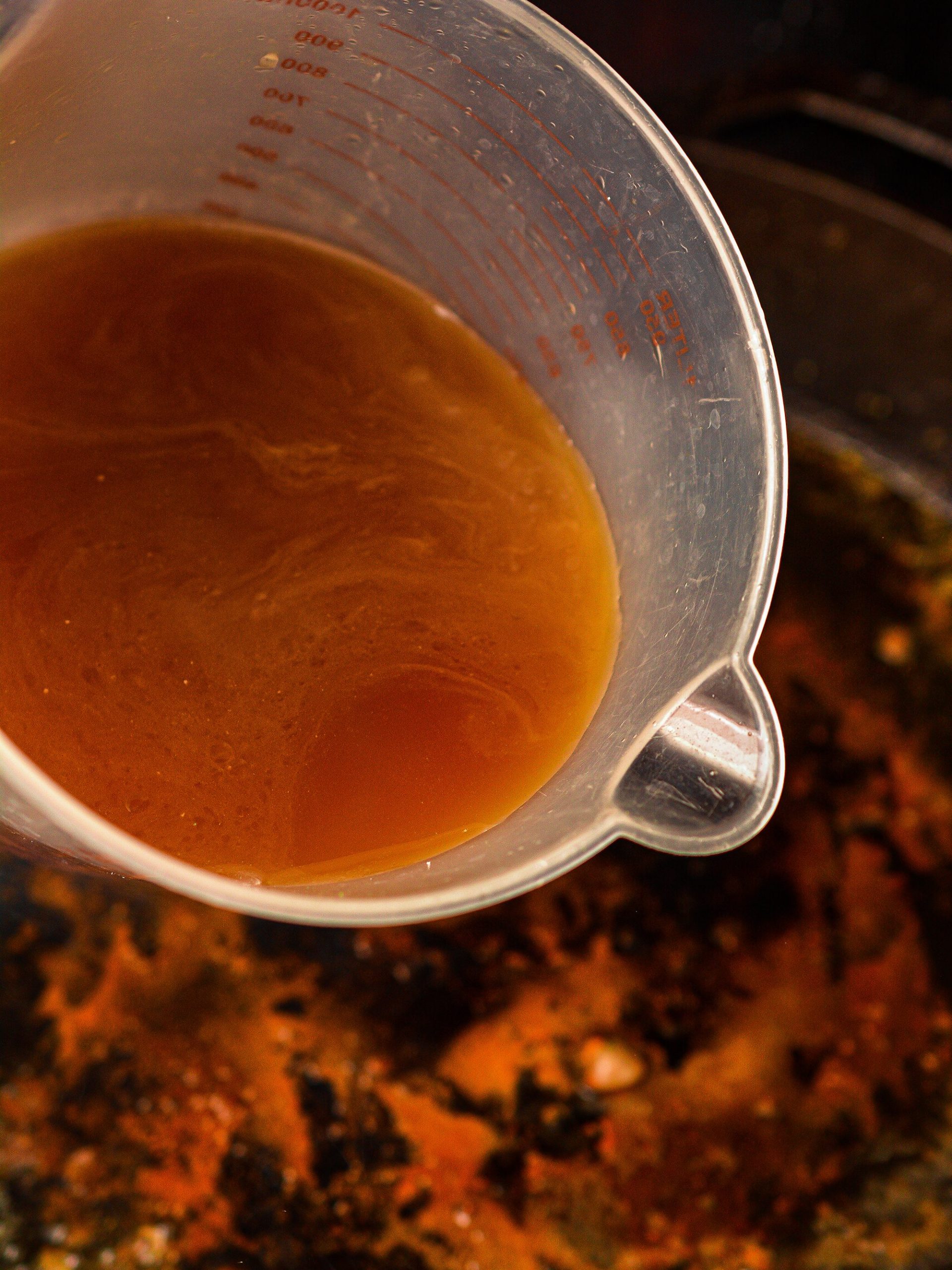 Stir the beef broth into the skillet along with the worcestershire sauce and the balsamic vinegar.