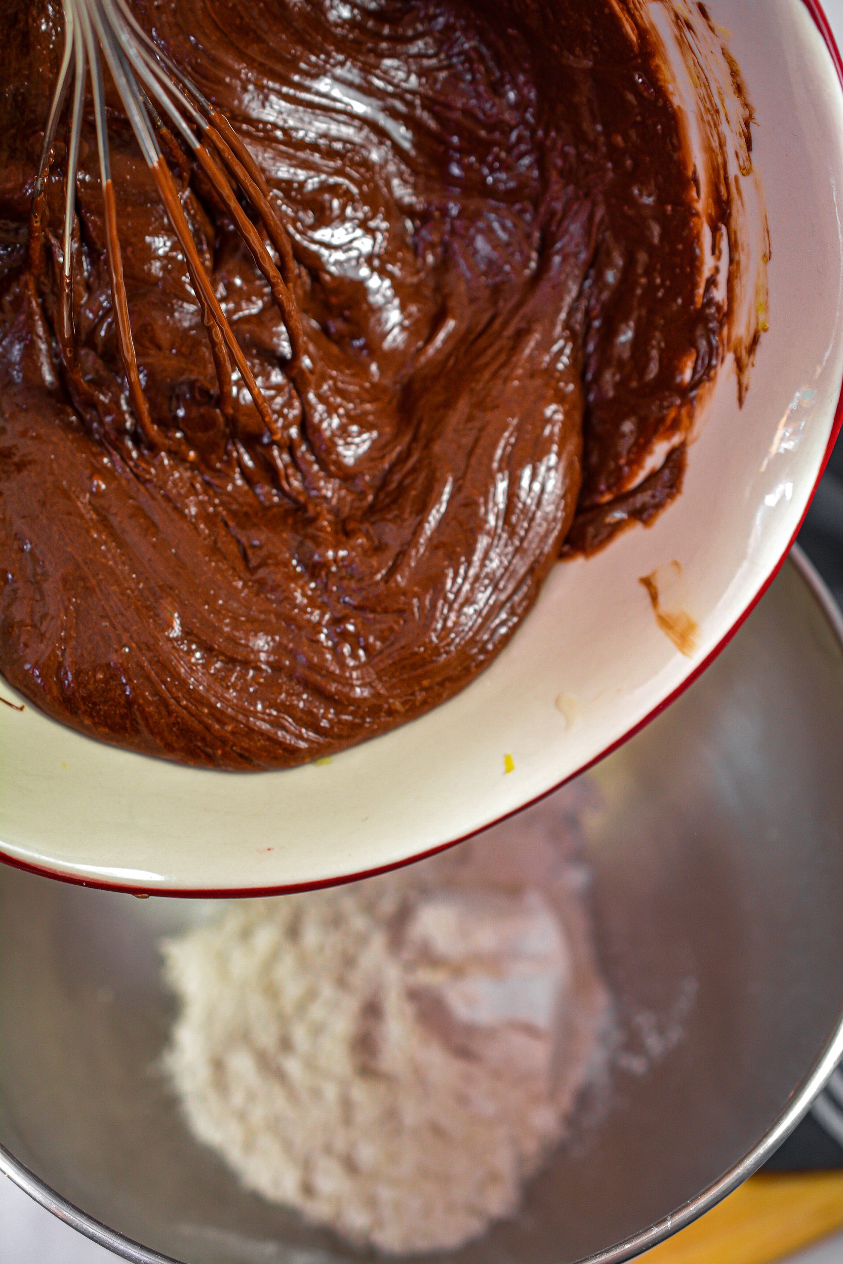 Mix the chocolate mixture into the dry ingredients and stir until completely combined. 