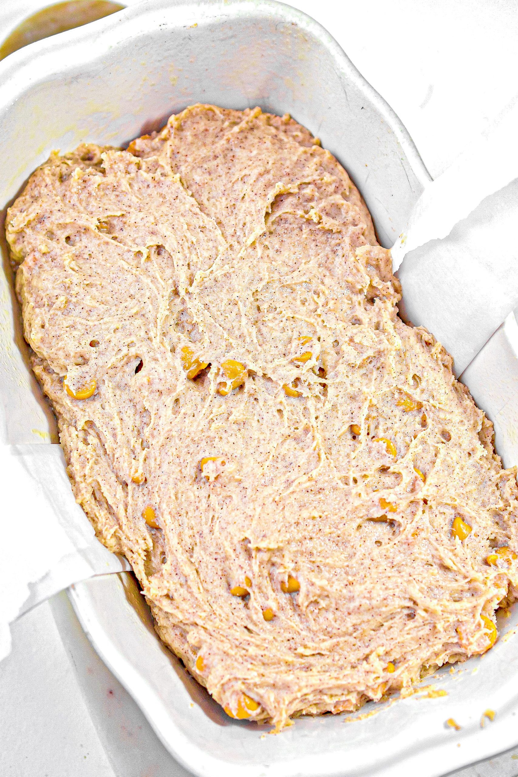 Spread the batter in an even layer in a well-greased loaf pan.