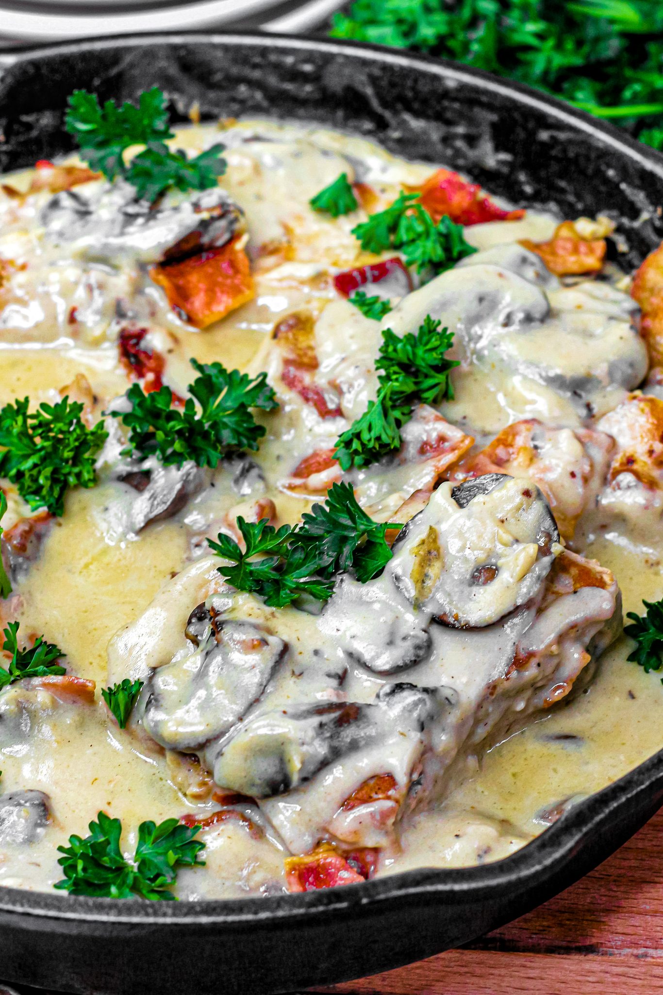 Bacon Mushroom Smothered Pork Chops - Sweet Pea's Kitchen