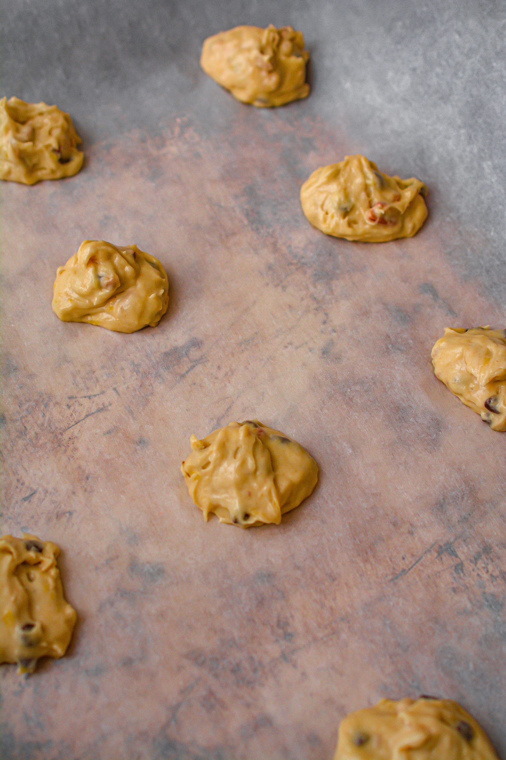Drop the batter by the spoonful onto a parchment lined baking sheet.