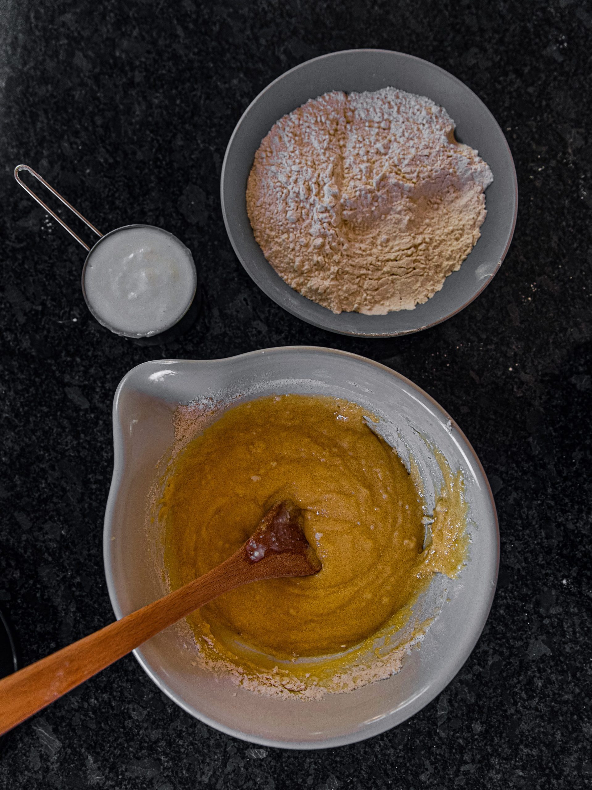 Beat in the flour mixture alternately with the buttermilk.