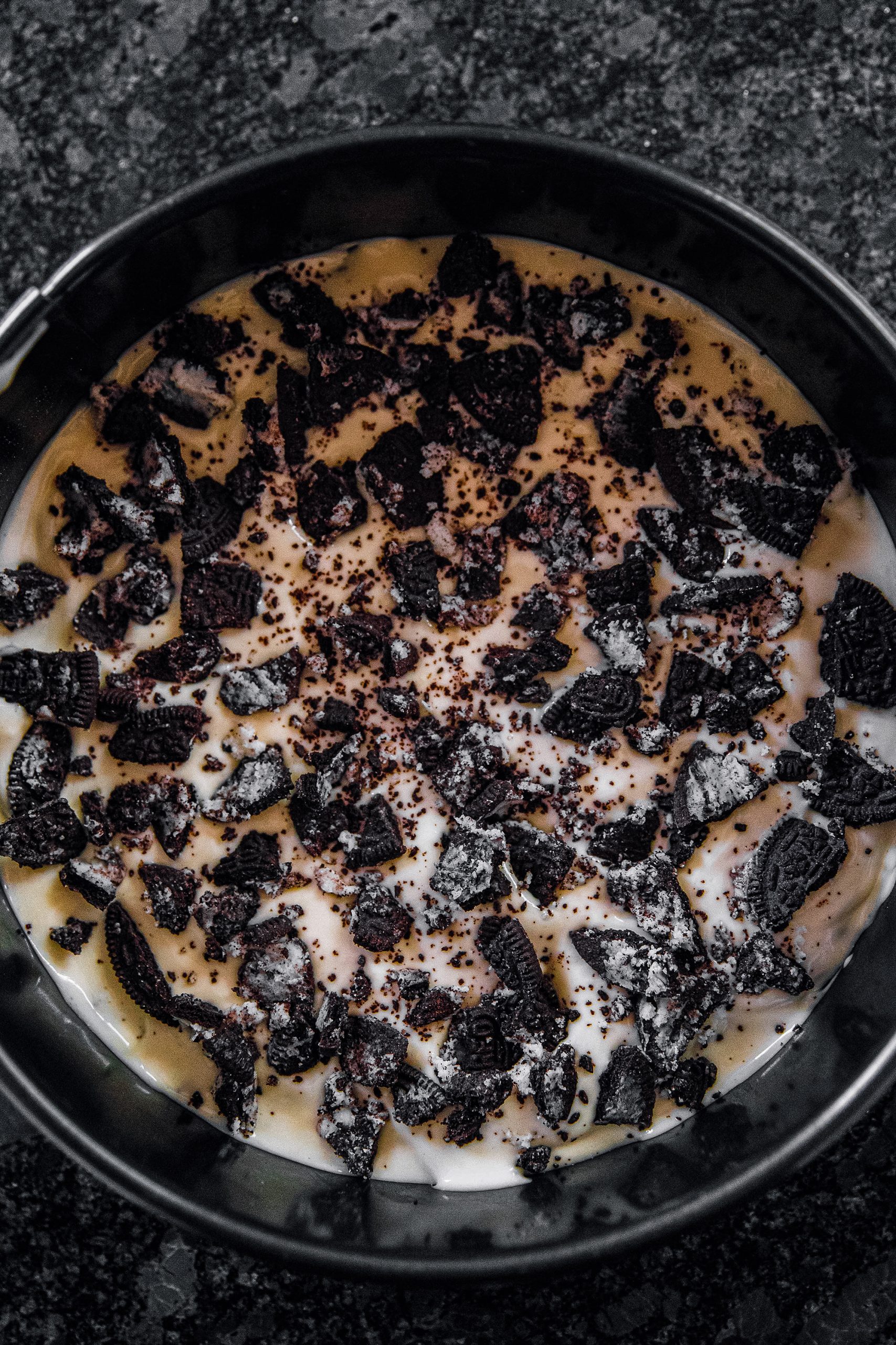 Spread ⅓ of the batter into the pan, spread 1 ½ cups of the cookie pieces
