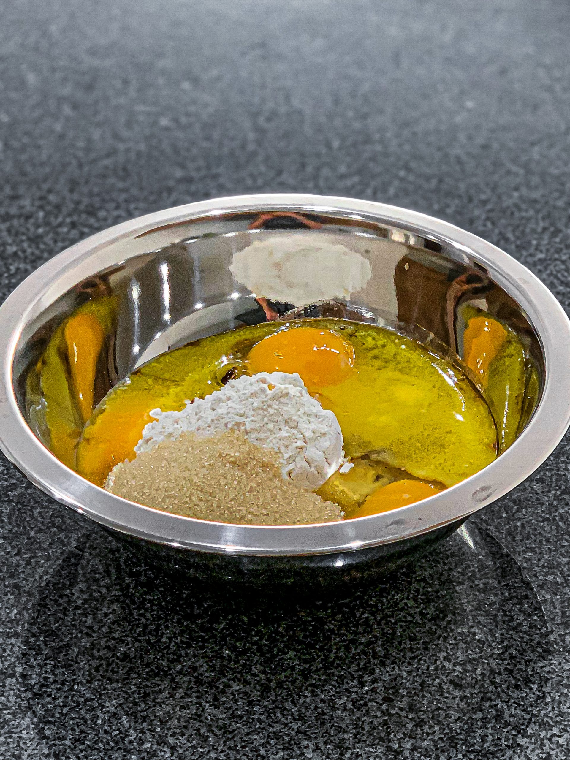 In a medium bowl, add the butter, sugar, eggs, flour and vanilla.