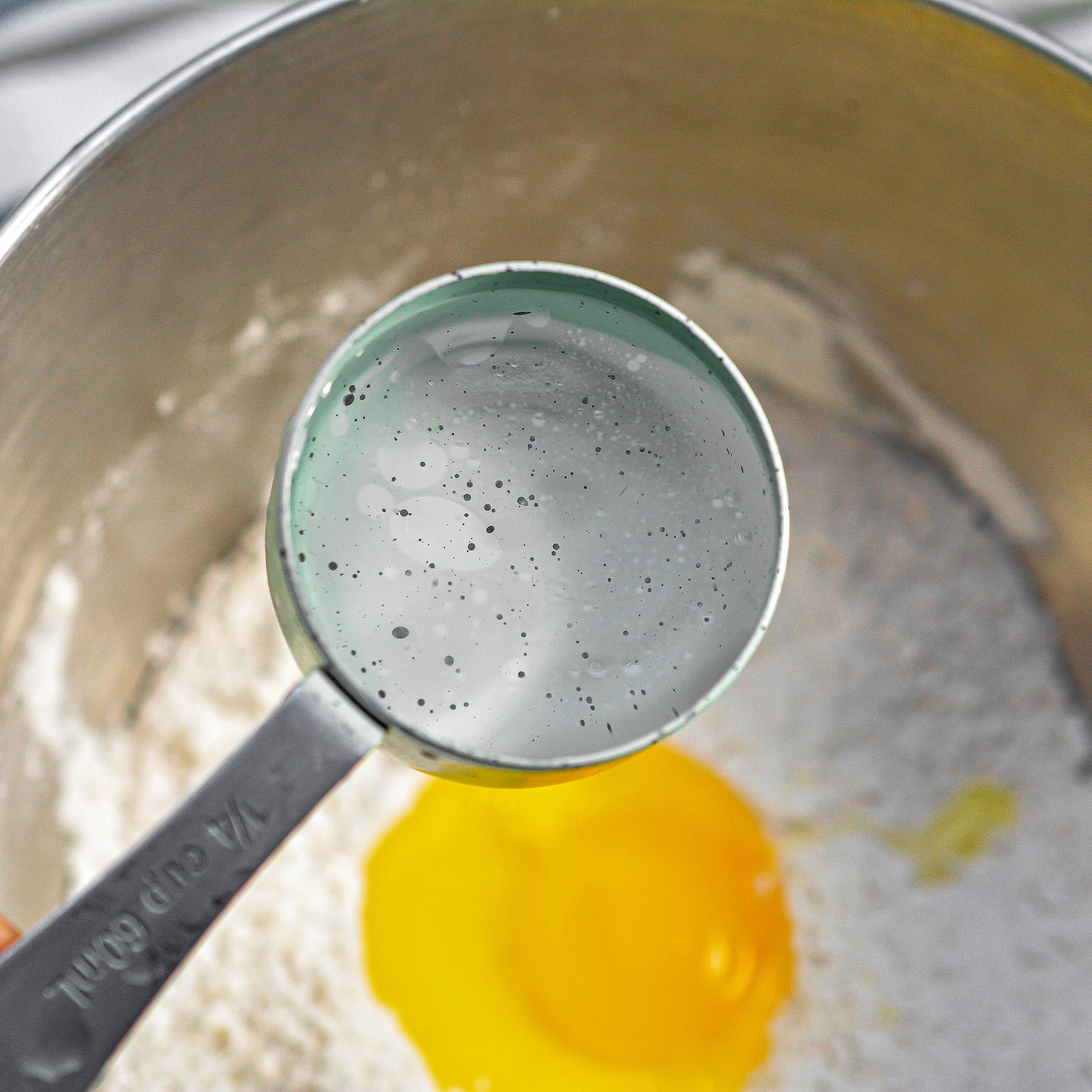 Mix the water and egg into the dry ingredients.