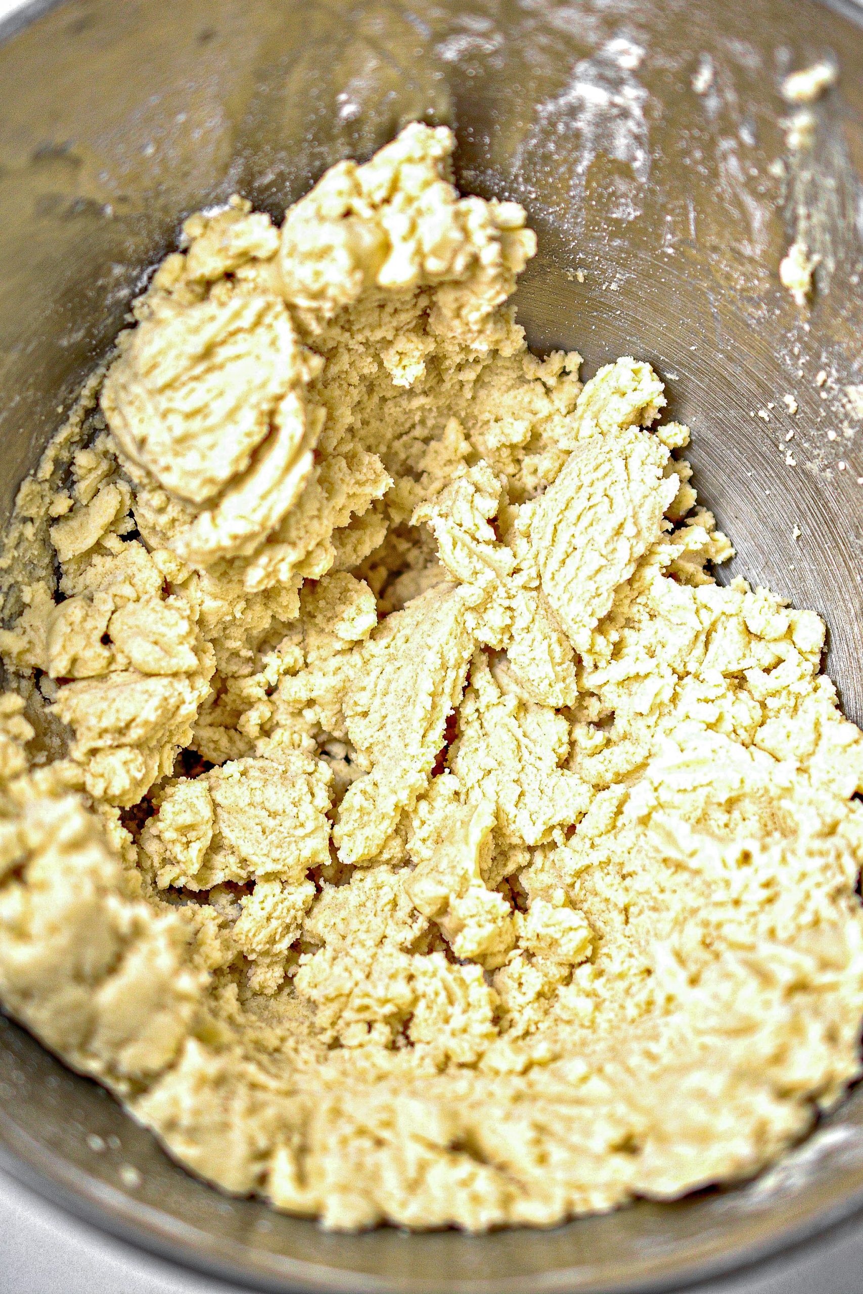 Add the flour mixture into the mixing bowl, and blend until a thick dough forms.