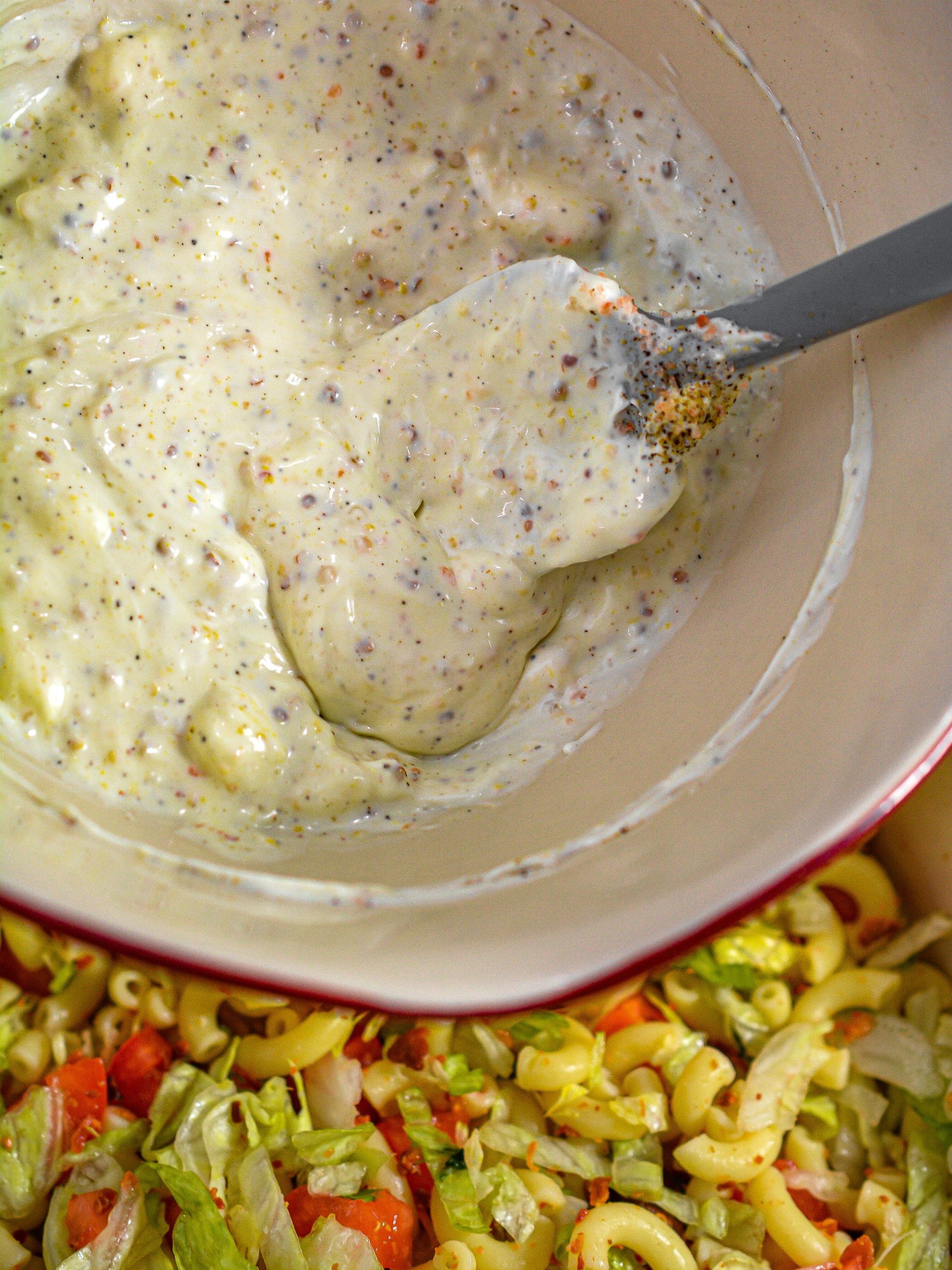 Mix together the mayo, mustard, sour cream and salt and pepper to taste in a small bowl.