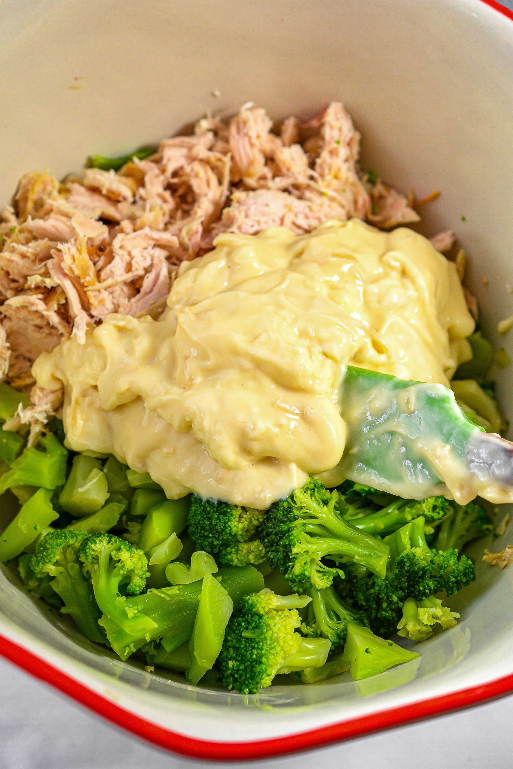 In a large mixing bowl, combine the shredded chicken and broccoli.