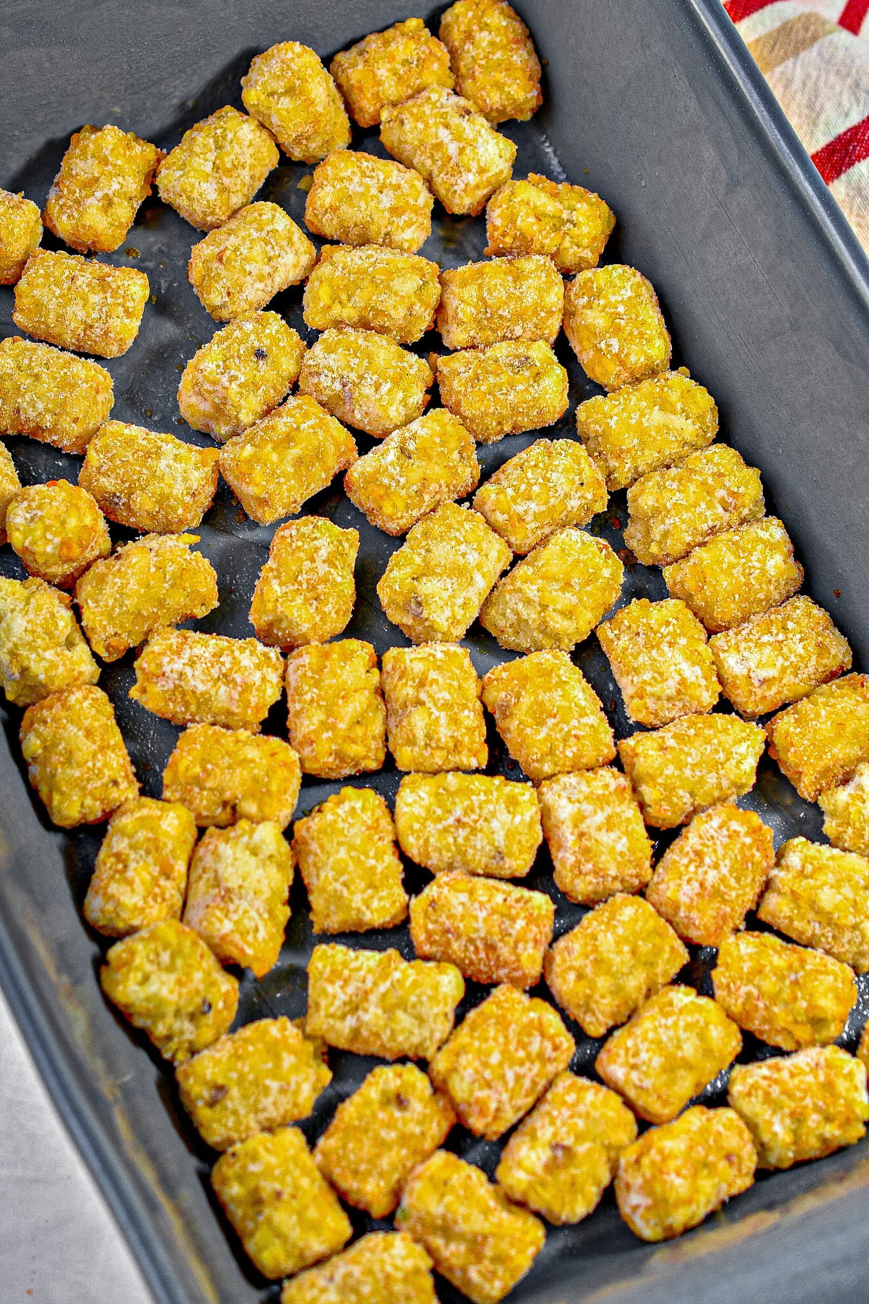 Add ½ of the tater tots in a single layer on the bottom of a well-greased 9x13 baking dish.