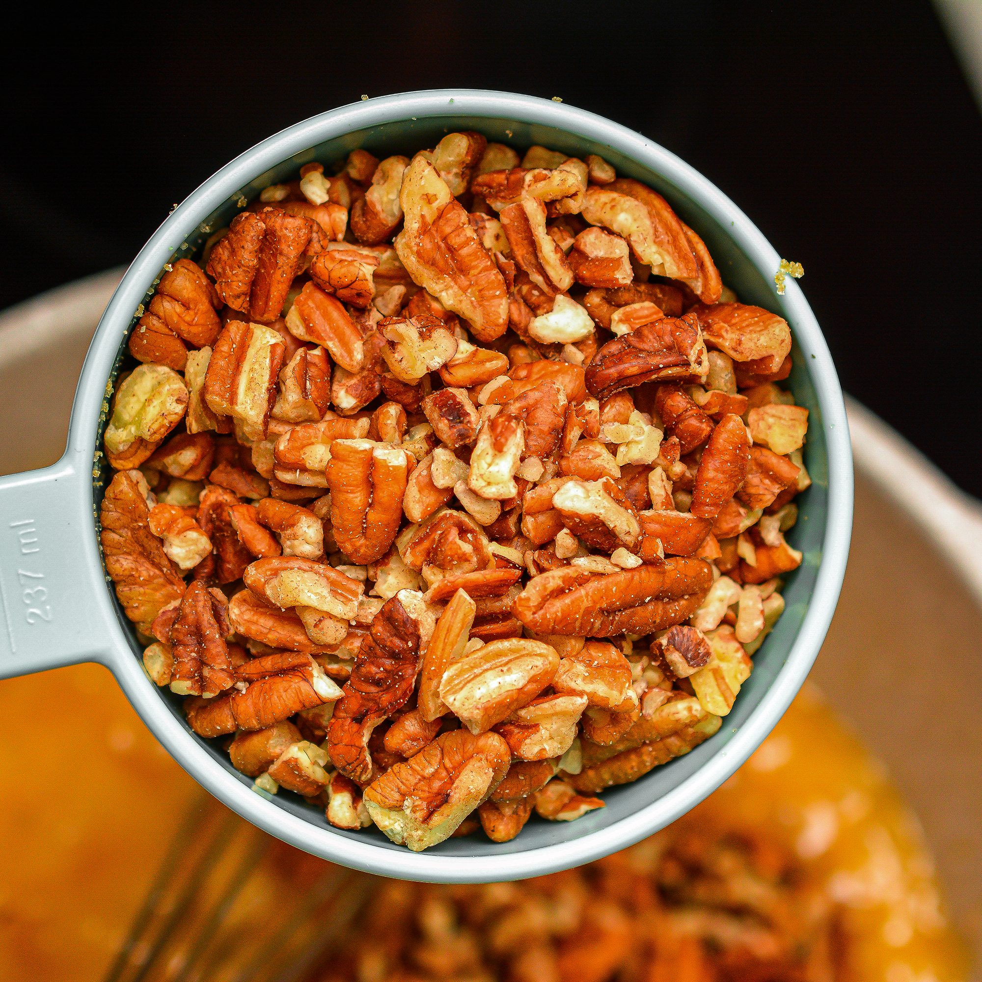 Remove the mixture from the heat and stir in the pecans.