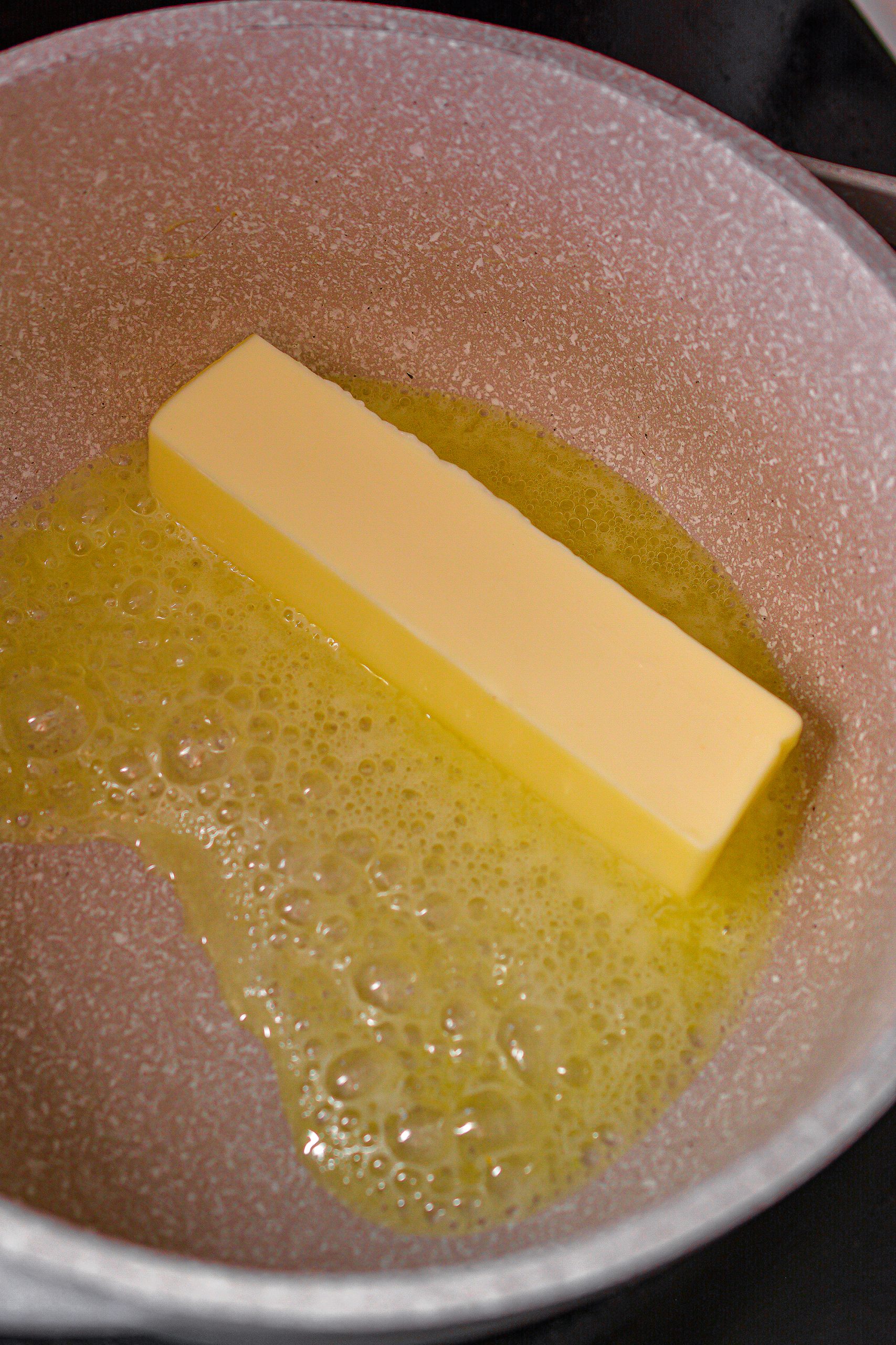 In the saucepan, add the ½ cup of butter and flour. Stir until smooth and the butter is melted.
