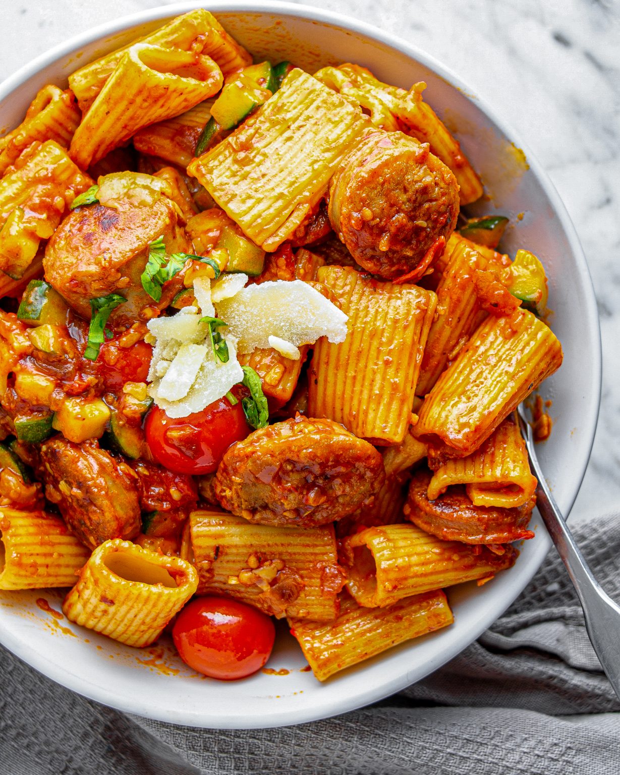 Rigatoni with Sausage, Tomatoes and Zucchini - Sweet Pea's Kitchen